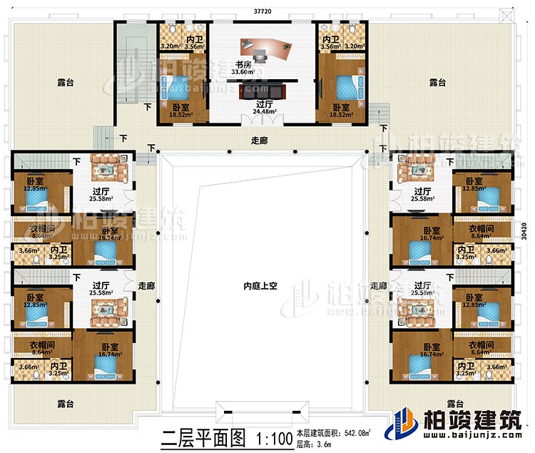 二层：内庭上空、5过厅、书房、3走廊、4露台、10卧室、4衣帽间、6内卫